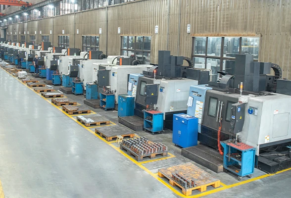 CNC machining workshop with rows of high-precision industrial machine tools for die-cutting equipment parts